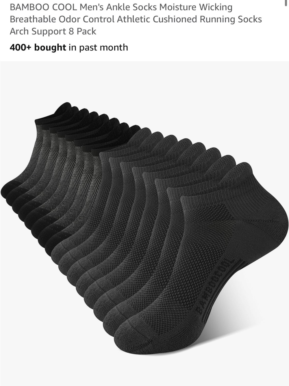 BAMBOO Men's Low-Cut Athletic No-Show Socks - Black & Grey 8 Pack)